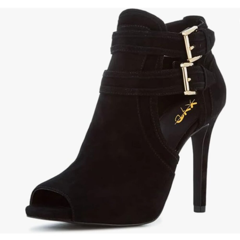 XYD Black Peep Toe Ankle Bootie High Heels Buckled Double Straps Cutout Shoes